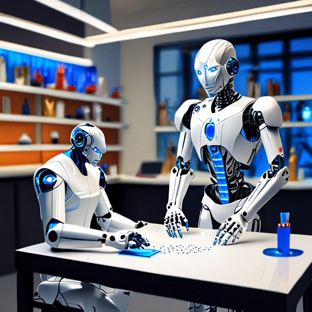 A futuristic humanoid robot assistant with advanced sensory capabilities interacting with a person in a modern setting, showcasing human-like interaction.